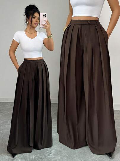 Elenzga بنطلون نسائي ذو ساق واسعة مطوية مع أزرار، بتصميم مريح، بطراز فرنسي رومانسي عتيق، مناسب للمكتب والأعمال والشاطئ والأزياء اليومية، متعدد الاستخدامات، وصول جديد لربيع/صيف