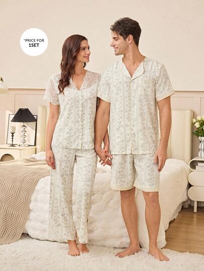SHEIN طقم بيجامة رجالي قصير الأكمام مع طباعة زهور الوستريا