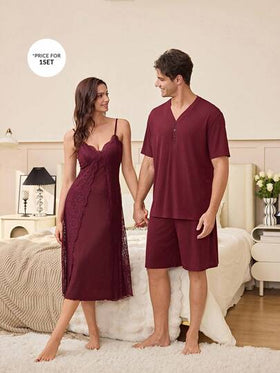 SHEIN بيجامة رجالية كاجوال بياقة على شكل حرف V وسحاب نصفي وأكمام قصيرة وشورت، بتصميم فضفاض بلون واحد للارتداء المنزلي