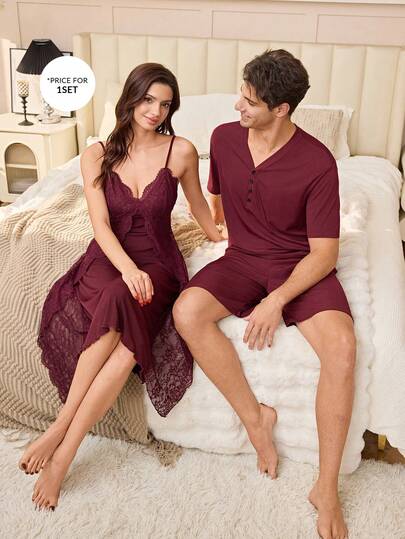 SHEIN بيجامة رجالية كاجوال بياقة على شكل حرف V وسحاب نصفي وأكمام قصيرة وشورت، بتصميم فضفاض بلون واحد للارتداء المنزلي