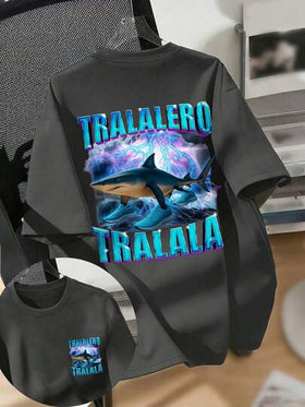 ملابس علوية تي شيرت مطبوع برسوم كرتونية إيطالية شعبية "Tralalero Tralala" مناسب للارتداء اليومي والشارع والحرم الجامعي والصيف العادي للأولاد