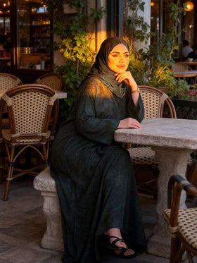 رمضان عباية أنيقة طويلة الأكمام مطبوعة مع وشاح رأس مرفق