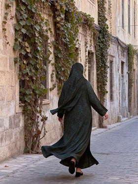 رمضان عباية أنيقة طويلة الأكمام مطبوعة مع وشاح رأس مرفق
