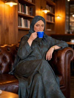 رمضان عباية أنيقة طويلة الأكمام مطبوعة مع وشاح رأس مرفق
