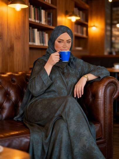 رمضان عباية أنيقة طويلة الأكمام مطبوعة مع وشاح رأس مرفق