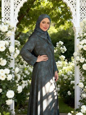 رمضان عباية أنيقة طويلة الأكمام مطبوعة مع وشاح رأس مرفق
