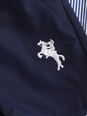 طقم ملابس رسمي للأطفال الصغار: قميص أزرق مخطط بطبعة حصان مطرزة وشورت بخصر مطاطي، أنيق وأنيق، مناسب لحفلة عيد الميلاد والولائم والزفاف والمعمودية والارتداء اليومي والرياضة والخارج والعودة إلى المدرسة والعطلات وتصوير الصور والصيف، قطعتان