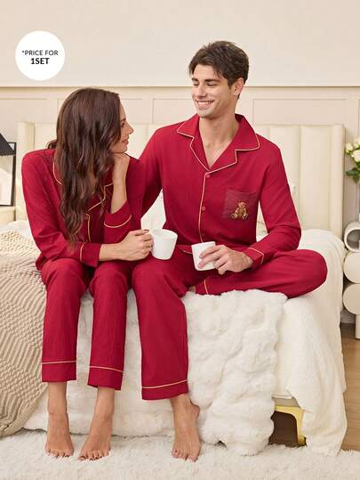 SHEIN طقم بيجامة رجالي من قطعتين، بسروال وقميص بأكمام طويلة، بطبعات جيب وأزرار أمامية، لون أحادي، ملابس منزلية