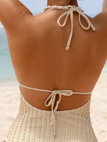 Swim Vcay بدلة سباحة قطعة واحدة للنساء بياقة عميقة على شكل حرف V مع ربطة عنق وزخرفة نجمة البحر المعدنية، موضة للشاطئ والمنتجعات