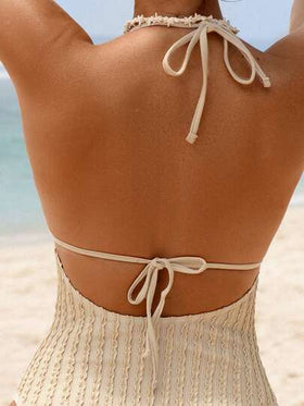 Swim Vcay بدلة سباحة قطعة واحدة للنساء بياقة عميقة على شكل حرف V مع ربطة عنق وزخرفة نجمة البحر المعدنية، موضة للشاطئ والمنتجعات