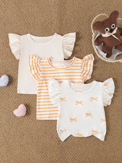 SHEIN Playful Pals 3 حزمة تيشيرتات بناتية كاجوال مزينة بطبعات الأزهار والخطوط مع كشكشة على الذيل وياقة مستديرة، ناعمة ومريحة، مناسبة للخروجات الربيعية والصيفية والهدايا، من 3 أشهر إلى 3 سنوات