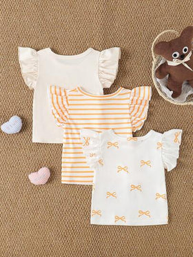 SHEIN Playful Pals 3 حزمة تيشيرتات بناتية كاجوال مزينة بطبعات الأزهار والخطوط مع كشكشة على الذيل وياقة مستديرة، ناعمة ومريحة، مناسبة للخروجات الربيعية والصيفية والهدايا، من 3 أشهر إلى 3 سنوات