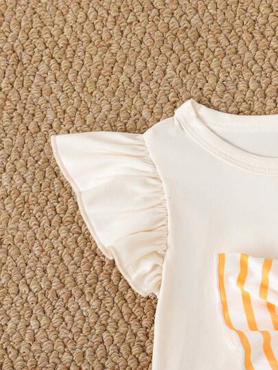 SHEIN Playful Pals 3 حزمة تيشيرتات بناتية كاجوال مزينة بطبعات الأزهار والخطوط مع كشكشة على الذيل وياقة مستديرة، ناعمة ومريحة، مناسبة للخروجات الربيعية والصيفية والهدايا، من 3 أشهر إلى 3 سنوات