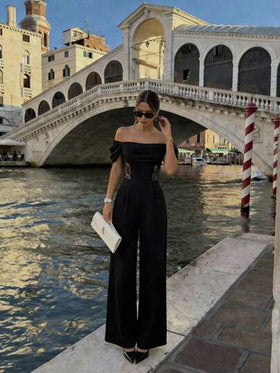 SHEIN MOD جمبسوت نسائية أنيقة للتنقل بتصميم كتف مكشوف مع تطريز دانتيل متباين، صيفية