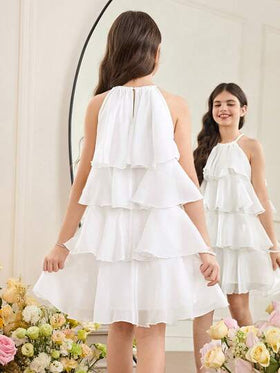 SHEIN فستان أنيق بياقة حلقية وبدون أكمام مع كشكشة في الذيل، مناسب للزفاف والعطلات والحفلات