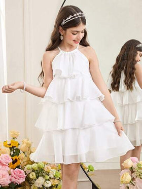 SHEIN فستان أنيق بياقة حلقية وبدون أكمام مع كشكشة في الذيل، مناسب للزفاف والعطلات والحفلات