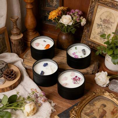 شمعة معطرة بزهور جافة بلورية 1 قطعة - 4 روائح مختلفة، شمع صويا طبيعي، عطر طويل الأمد بدون دخان، وعاء أسود مطفي، مناسبة لموسم الزفاف والعيد والديكور المنزلي وطاولات الضيوف وغرف النوم والعطور والهدايا والحفلات والتصوير