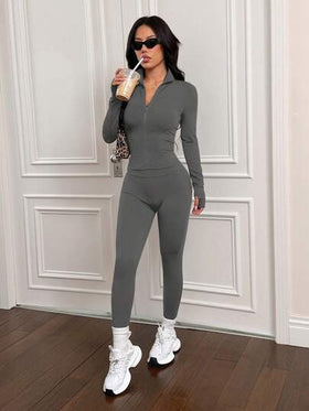 SHEIN PETITE 3 قطع من طقم رياضي نسائي مصنوع من الأقمشة المحبوكة باللون البني، مناسب للرياضة كاليوغا والجري والتمارين، وللارتداء اليومي في فصلي الخريف والشتاء