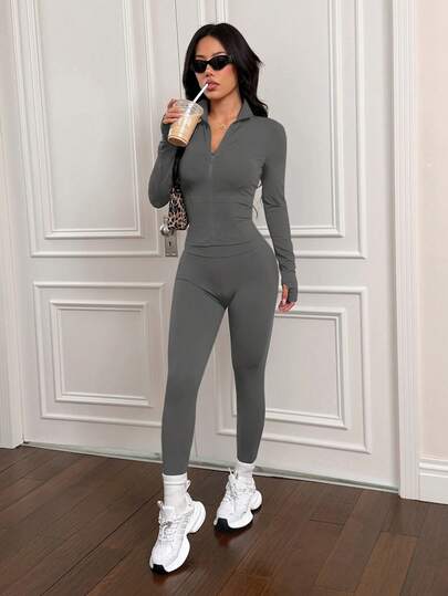 SHEIN PETITE 3 قطع من طقم رياضي نسائي مصنوع من الأقمشة المحبوكة باللون البني، مناسب للرياضة كاليوغا والجري والتمارين، وللارتداء اليومي في فصلي الخريف والشتاء