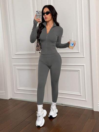 SHEIN PETITE 3 قطع من طقم رياضي نسائي مصنوع من الأقمشة المحبوكة باللون البني، مناسب للرياضة كاليوغا والجري والتمارين، وللارتداء اليومي في فصلي الخريف والشتاء