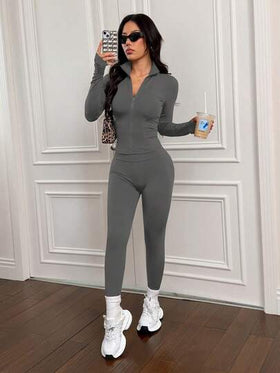 SHEIN PETITE 3 قطع من طقم رياضي نسائي مصنوع من الأقمشة المحبوكة باللون البني، مناسب للرياضة كاليوغا والجري والتمارين، وللارتداء اليومي في فصلي الخريف والشتاء