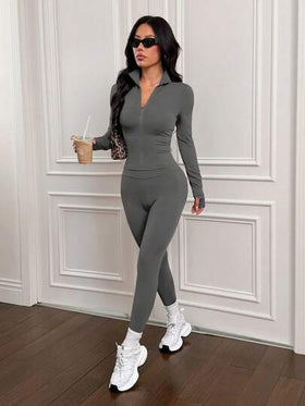 SHEIN PETITE 3 قطع من طقم رياضي نسائي مصنوع من الأقمشة المحبوكة باللون البني، مناسب للرياضة كاليوغا والجري والتمارين، وللارتداء اليومي في فصلي الخريف والشتاء