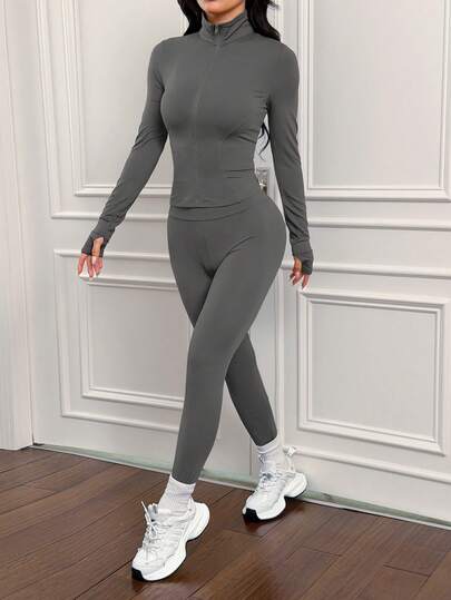 SHEIN PETITE 3 قطع من طقم رياضي نسائي مصنوع من الأقمشة المحبوكة باللون البني، مناسب للرياضة كاليوغا والجري والتمارين، وللارتداء اليومي في فصلي الخريف والشتاء