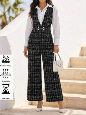 Editum جمبسوت نسائية جديدة أنيقة بياقة على شكل حرف V وخصر مشدود وجيوب، مطبوعة بتصميم محبوك، مناسبة للتنقل والعمل والمناسبات المتعددة
