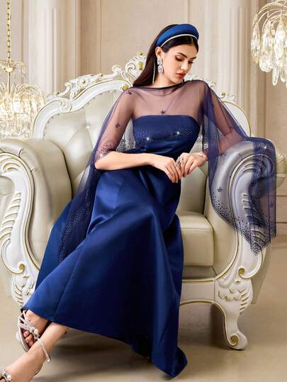 Modelyn فستان شال مرصع بالراين ستون أنيق للسيدات