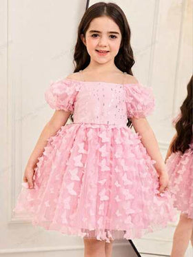 SHEIN فستان كاجوال للفتاة الصغيرة بأكمام منتفخة من الشبك بلون واحد