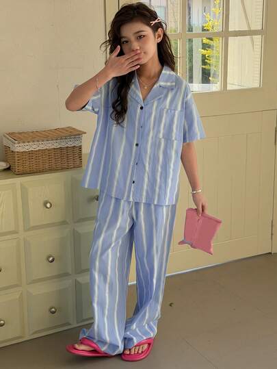 Dazy Kids بيجامة مكونة من ملابس علوية قصيرة الأكمام ذات ياقة مخطط وبنطلون للفتيات المراهقات