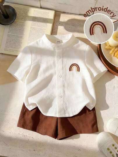 LMoss Kids مجموعة قميص كاجوال بياقة وشورت لون أحادي للأطفال الصبيان، 2 قطعة