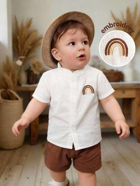 LMoss Kids مجموعة قميص كاجوال بياقة وشورت لون أحادي للأطفال الصبيان، 2 قطعة