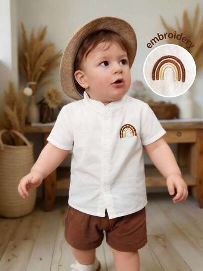 LMoss Kids مجموعة قميص كاجوال بياقة وشورت لون أحادي للأطفال الصبيان، 2 قطعة