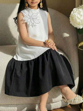 SHEIN فستان أنيق بتصميم ثلاثي الأبعاد للفتيات المراهقات، بياقة مستديرة وبدون أكمام، تنورة بكشكشة وتباين في الألوان