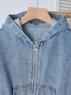 SHEIN جاكيت قصيرة مزودة بقبعة من الجينز الأزرق للبنات
