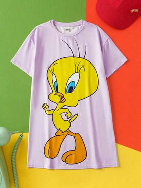 LOONEY TUNES X SHEIN ملابس منزلية للبنات المراهقات بياقة مستديرة وأكمام قصيرة مطبوعة بطريقة جميلة