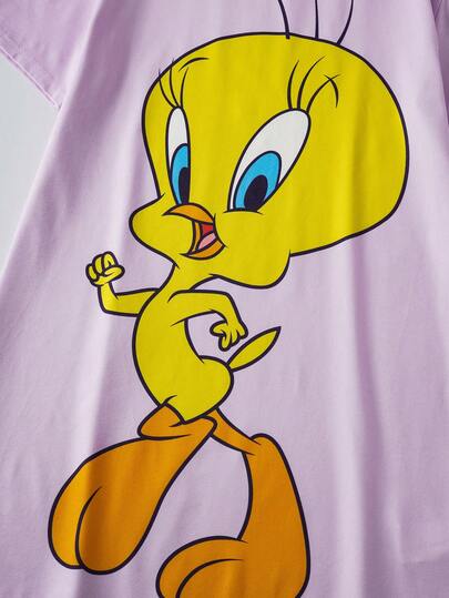LOONEY TUNES X SHEIN ملابس منزلية للبنات المراهقات بياقة مستديرة وأكمام قصيرة مطبوعة بطريقة جميلة