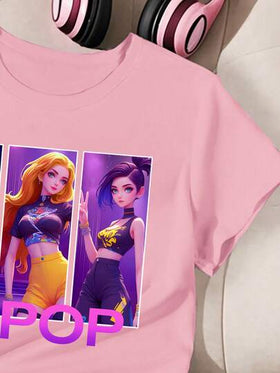 SHEIN بلوزة قصيرة الأكمام بياقة مستديرة للفتيات المراهقات باللون الوردي، تي شيرت جرافيك عصري مريح وبسيط، تصميم كرتوني إبداعي ومضحك، بطراز K-POP