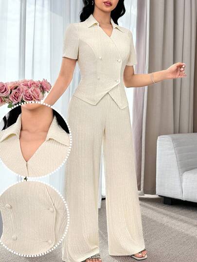 Modelyn طقم ملابس علوية قصيرة الأكمام ذات الصدر المزدوج وبنطال واسع الساق أنيق للذهاب إلى العمل، مكون من قطعتين للنساء