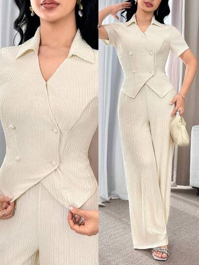 Modelyn طقم ملابس علوية قصيرة الأكمام ذات الصدر المزدوج وبنطال واسع الساق أنيق للذهاب إلى العمل، مكون من قطعتين للنساء