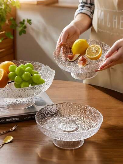 طبق زجاجي للفاكهة، طبق حلوى للمعيشة، طبق كعك وفواكه وجوز إبداعي صغير، طبق فاكهة مجففة، وعاء تقديم عالي القاعدة، وعاء زجاجي سميك مقاوم للحرارة، أدوات مائدة زجاجية متعددة الوظائف، مناسبة للمعيشة والمطبخ وغرفة الطعام، تصميم حافة غير متماثل، ديكور منزلي، أساس