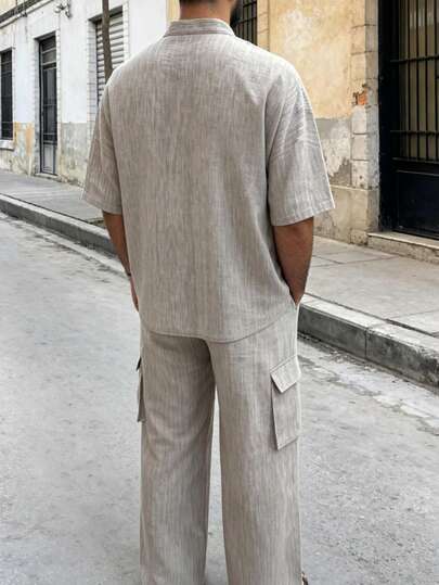 مجموعة قميص كاجوال بأكمام قصيرة وياقة ماندرين وبنطلون فضفاض من نسيج شبيه بالكتان للرجال، مناسبة للخروجات والعطلات والسفر
