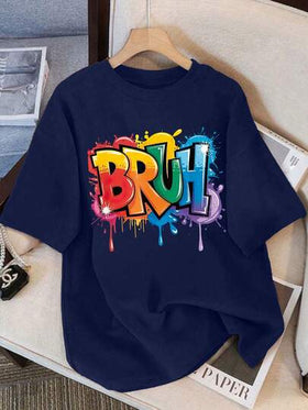 تي شيرت رقبة طاقم مطبوع عليه "BRUH" للأولاد المراهقين، تي شيرت صيفي كاجوال للأولاد ناعم