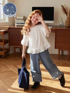 SHEIN مجموعة من قطعتين للبنات المراهقات: توب كتف منخفض مزين بكشكشة وبنطلون جينز مزين باللؤلؤ، طقم ملابس جميل للارتداء الكاجوال في الصيف
