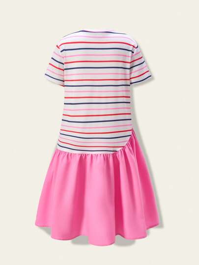 SHEIN Casuvi Kids فستان بنات مراهقات كاجوال مخطط مطرز بحرف CA غير متماثل اللحمات خط A، عصري للتجمعات، تصميم بسيط