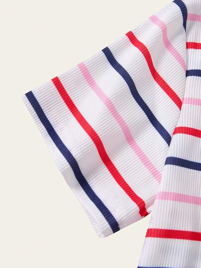 SHEIN Casuvi Kids فستان بنات مراهقات كاجوال مخطط مطرز بحرف CA غير متماثل اللحمات خط A، عصري للتجمعات، تصميم بسيط