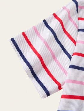 SHEIN Casuvi Kids فستان بنات مراهقات كاجوال مخطط مطرز بحرف CA غير متماثل اللحمات خط A، عصري للتجمعات، تصميم بسيط