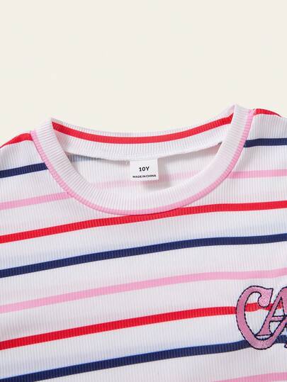 SHEIN Casuvi Kids فستان بنات مراهقات كاجوال مخطط مطرز بحرف CA غير متماثل اللحمات خط A، عصري للتجمعات، تصميم بسيط