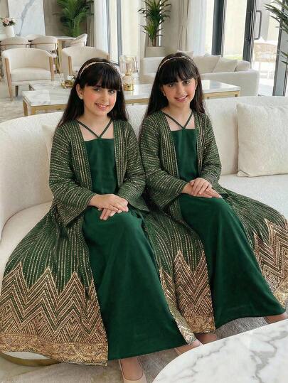 SHEIN طقم جاكيت وفستان كاجوال مريح للفتيات المراهقات مطبوع بنقشة معدنية، أنيق وفاخر